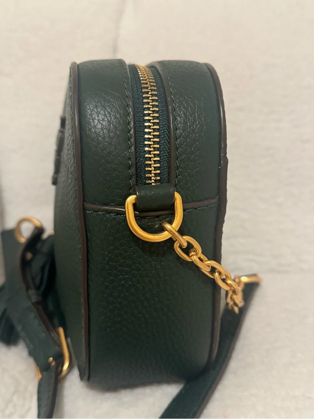 Tory Burch Dark Green Pebbled Leather Crossbody with Gold Chain